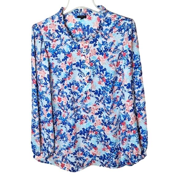 Talbots Women 1x Multi- colored Floral Balloon Sleeve Ruffle Lightweight Blouse - Picture 1 of 5